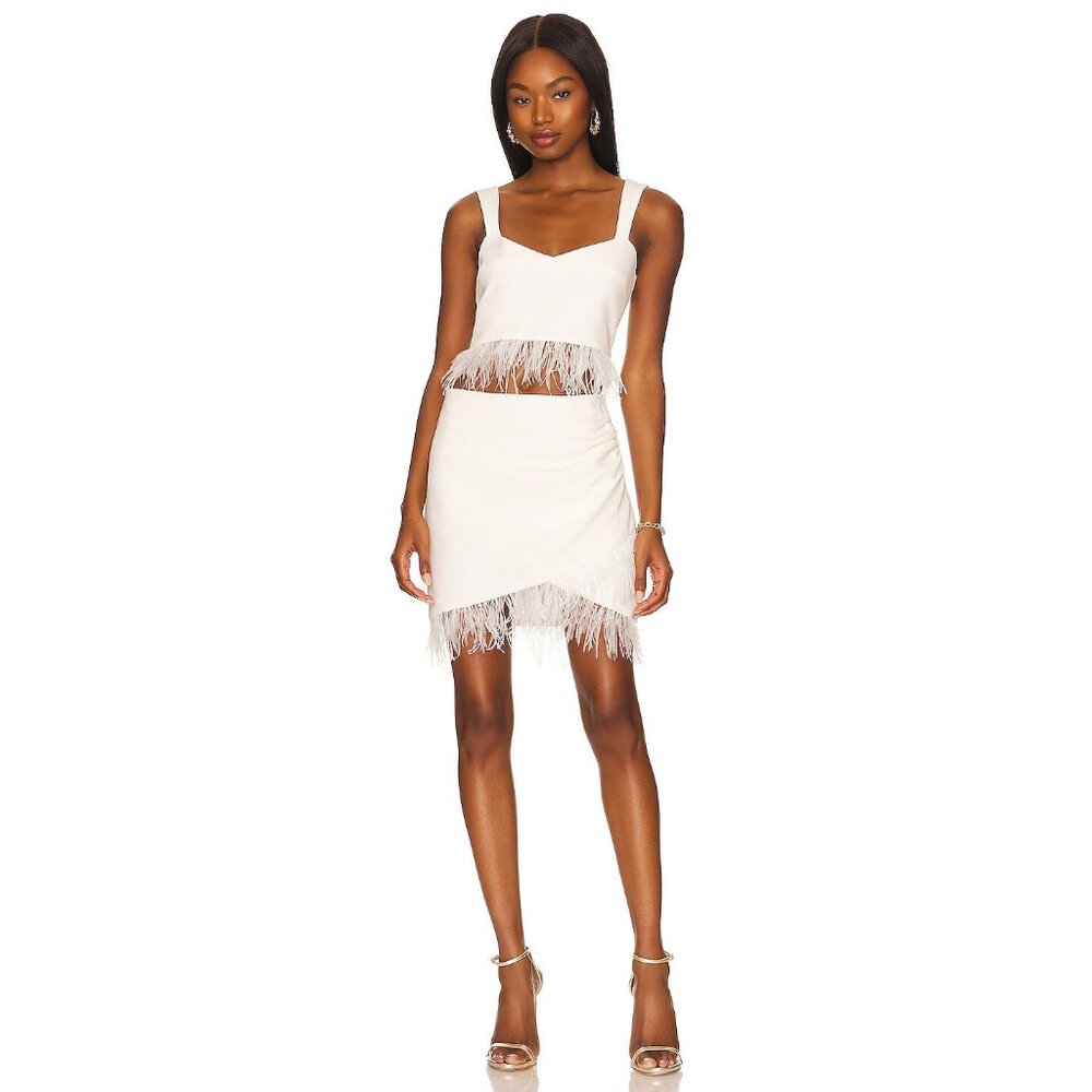 Saylor Revolve ostrich feather trimmed crop top skirt co-ord set